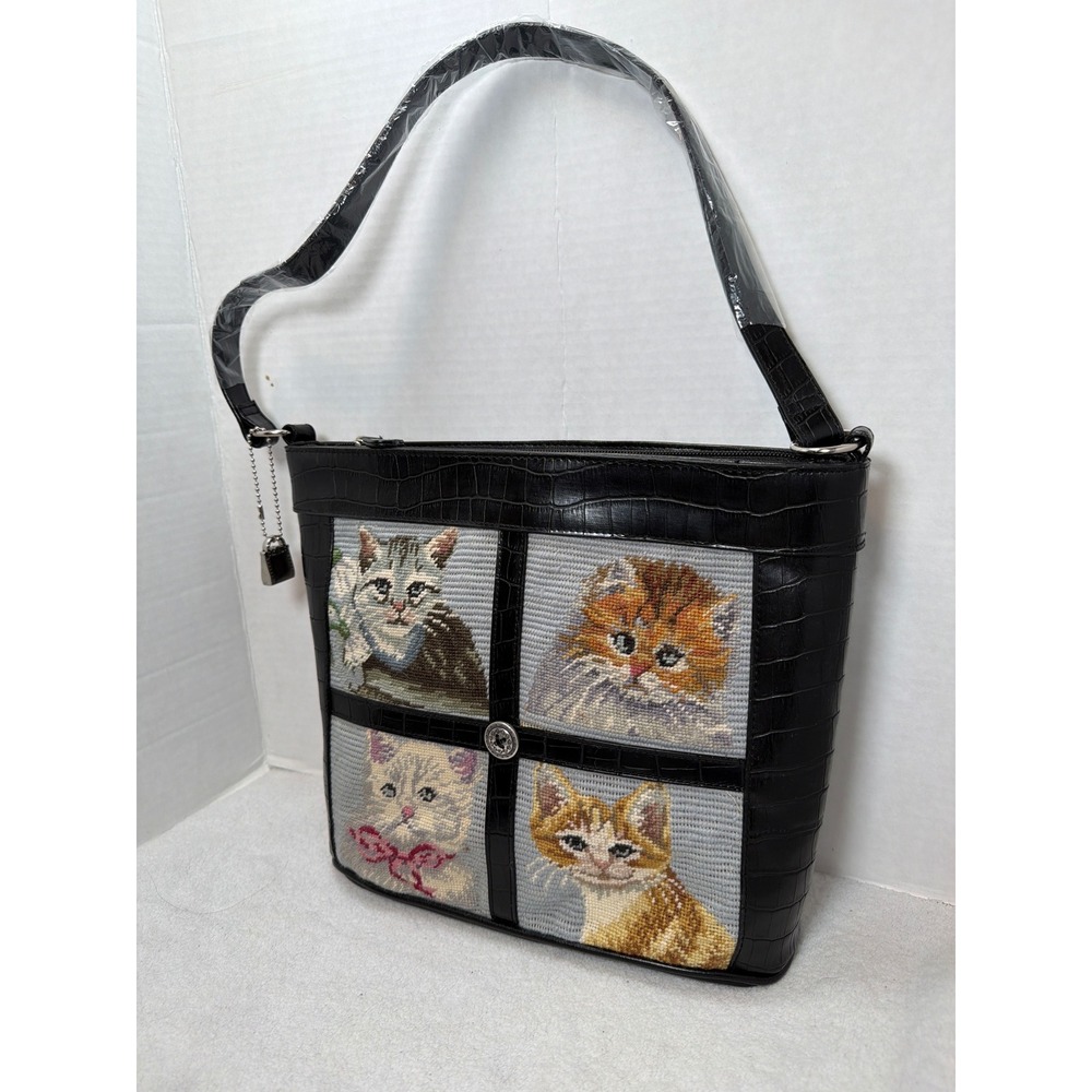 NWOT Elka Accessories Shoulder Bag Medium Black Cat Needlepoint Croc Embossed - Picture 2 of 7